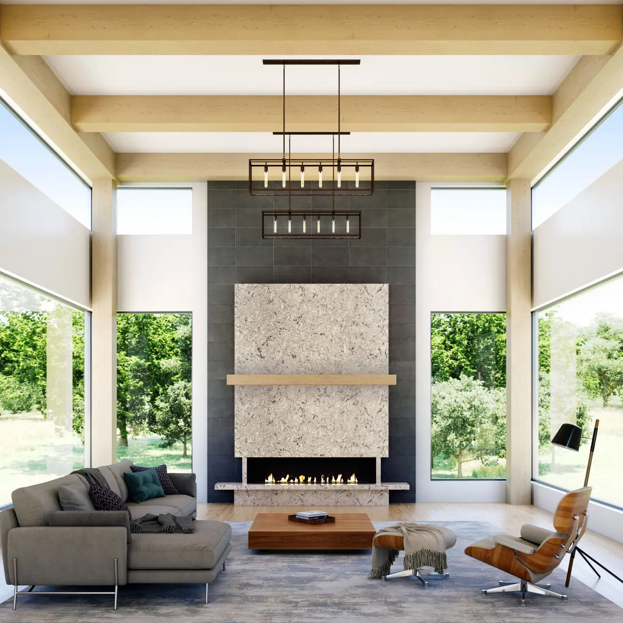 Natural stone fireplace surround with white marble veining and modern linear design — expert countertop fabrication by Signature Stone Las Vegas
