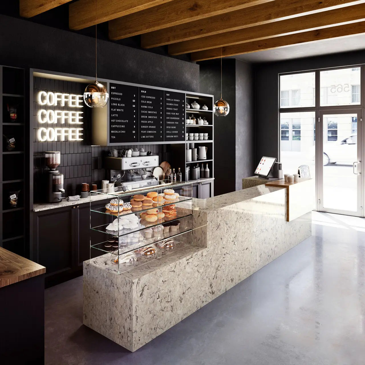 Halewood quartz coffee shop counter with white marble-look veining and waterfall edge — custom countertops fabricated and installed by Signature Stone LV