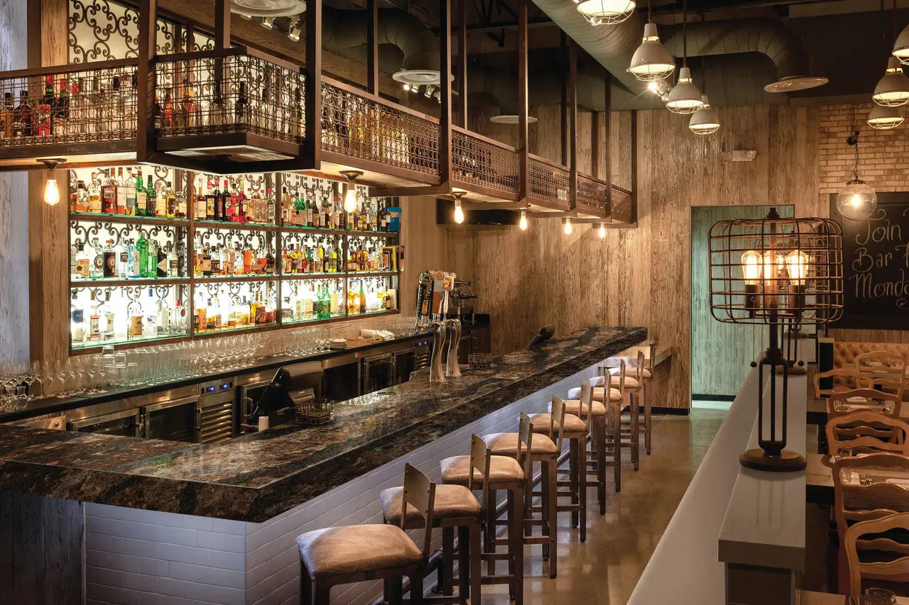 Harlech stone bar countertop with dramatic dark veining and polished finish — premium stone countertops installed by Signature Stone Las Vegas