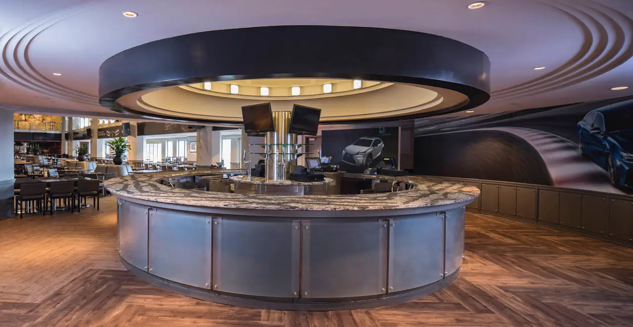 Harlech stone circular bar countertop with curved design and rich veining — expert countertop fabrication by Signature Stone Las Vegas