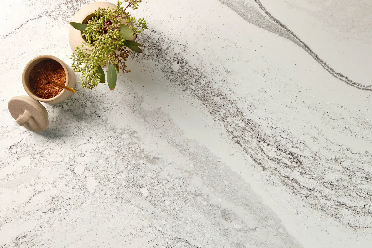 Harlow quartz surface with soft gray veining and honed finish — elegant custom countertops fabricated and installed by Signature Stone LV