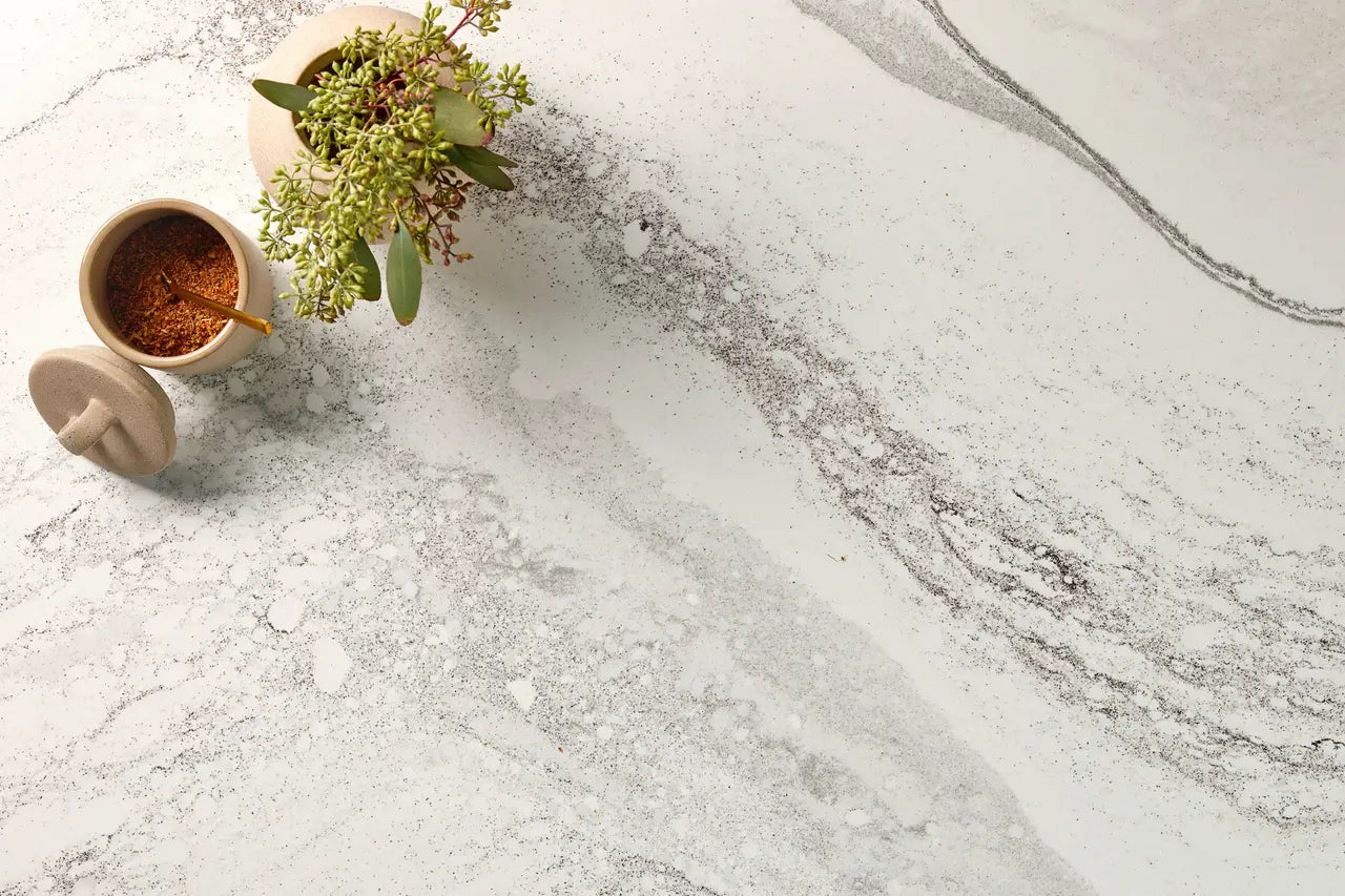 Harlow quartz surface with soft gray veining and honed finish — elegant custom countertops fabricated and installed by Signature Stone LV