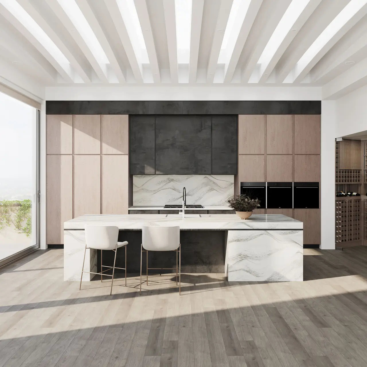 Quartz kitchen island with white marble veining and matching backsplash — premium stone countertops installed by Signature Stone Las Vegas