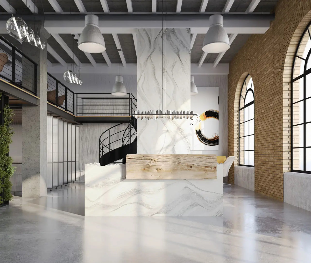 Marble reception desk with white veining and natural wood accent in modern loft space — premium stone countertops installed by Signature Stone Las Vegas