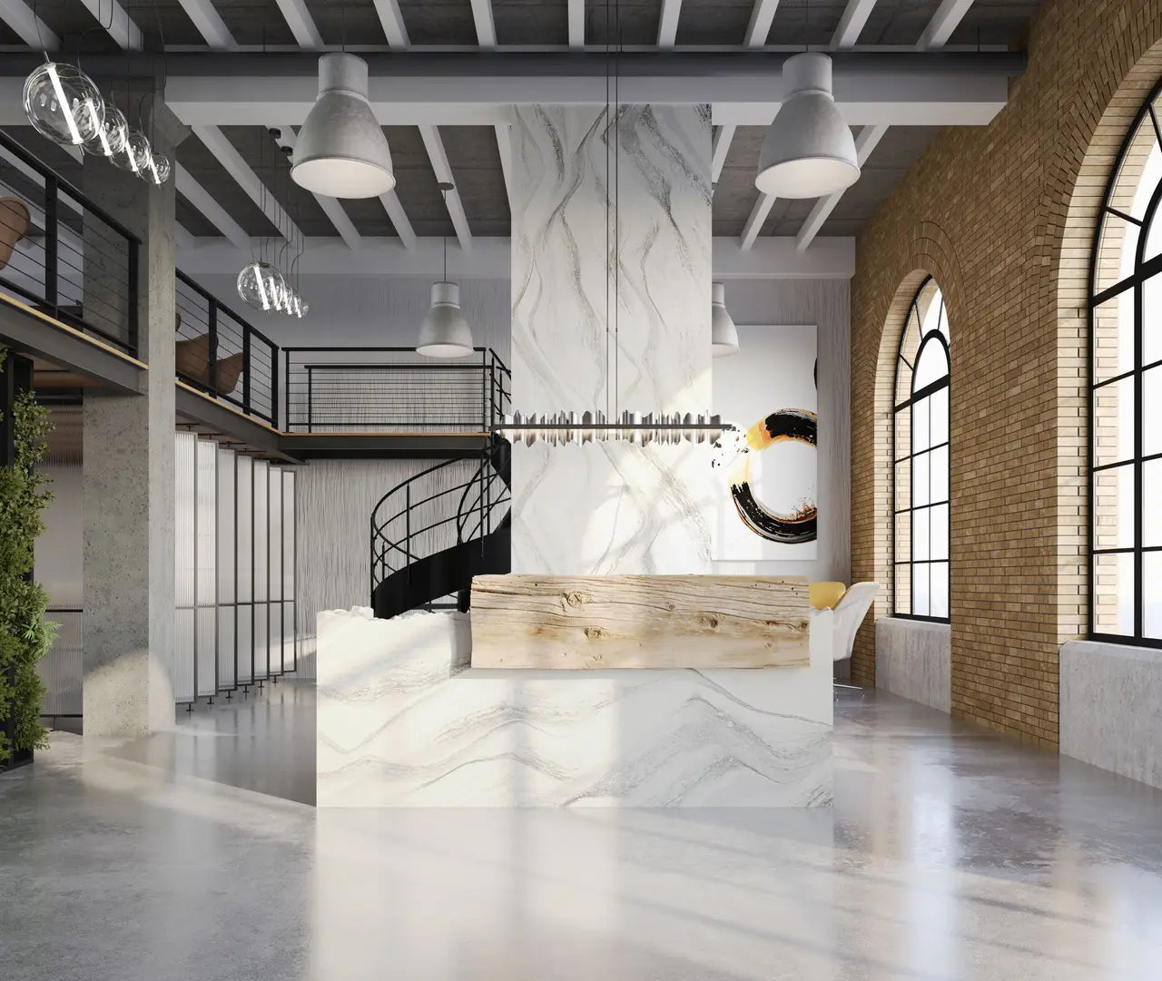 Marble reception desk with white veining and natural wood accent in modern loft space — premium stone countertops installed by Signature Stone Las Vegas