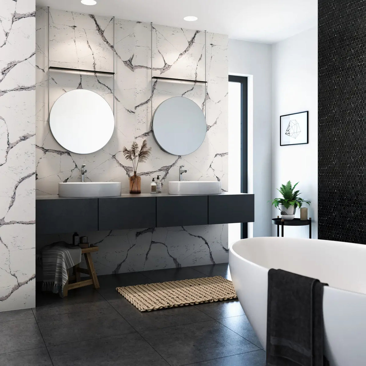 Harrogate marble bathroom vanity with white veining and vessel sinks — elegant stone countertops installed by Signature Stone Las Vegas