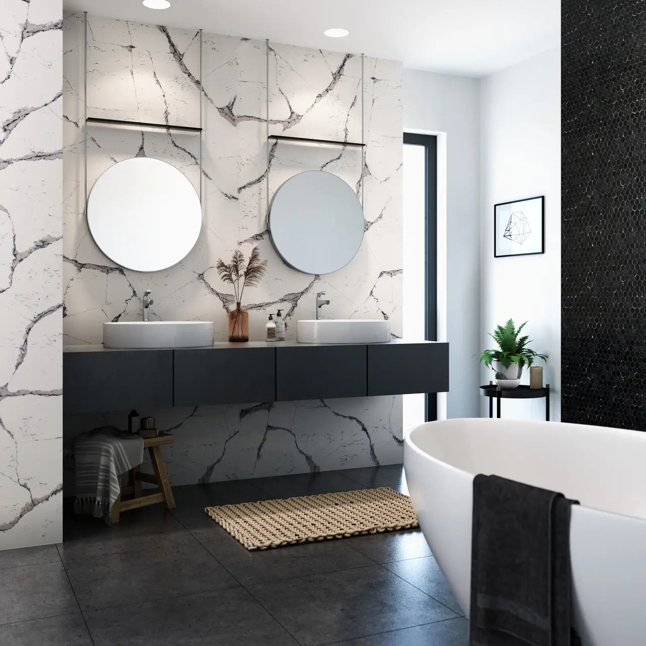 Harrogate marble bathroom vanity with white veining and vessel sinks — elegant stone countertops installed by Signature Stone Las Vegas