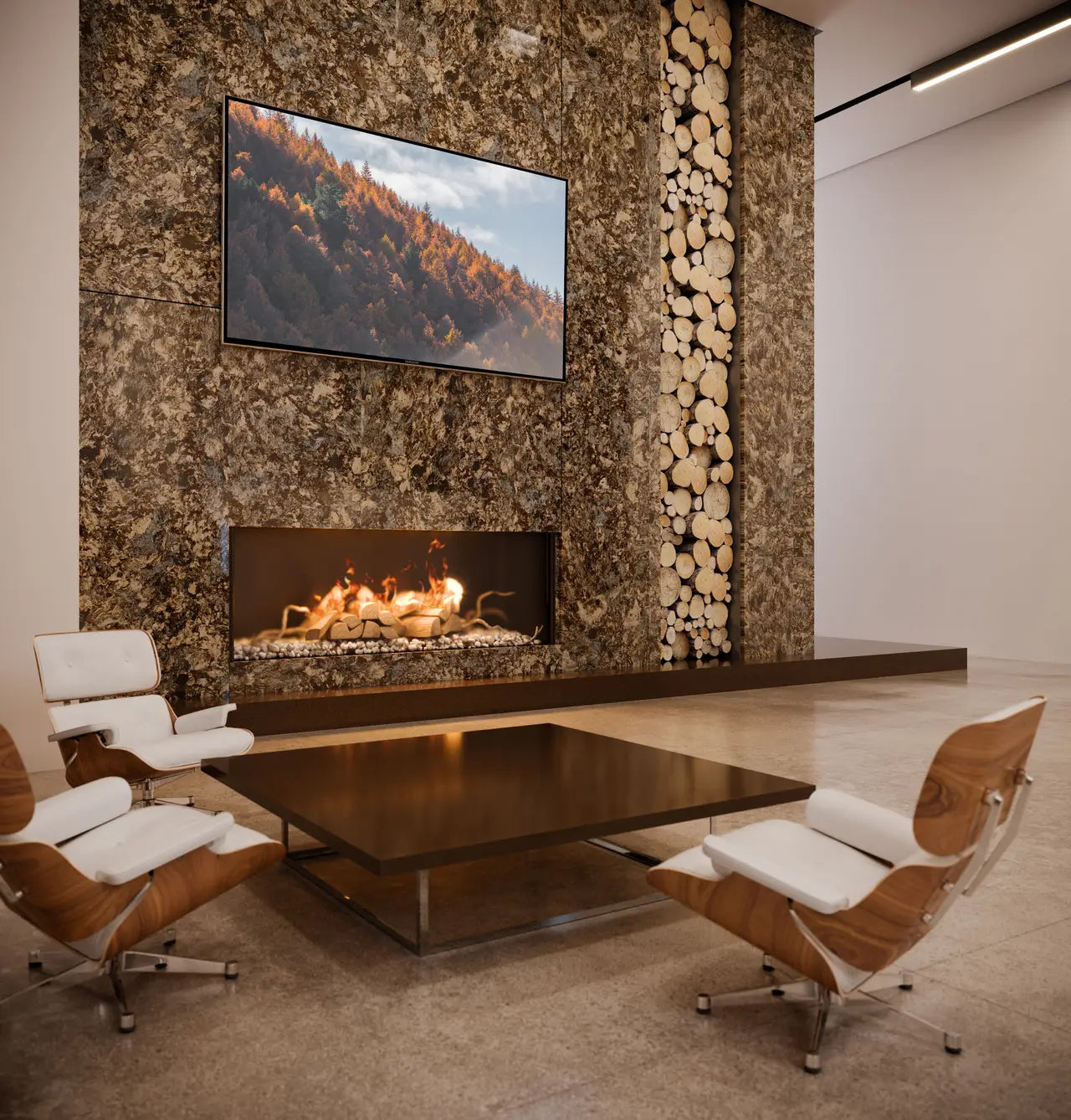Granite fireplace surround with rich brown and gold veining in modern living room — custom countertops fabricated and installed by Signature Stone LV