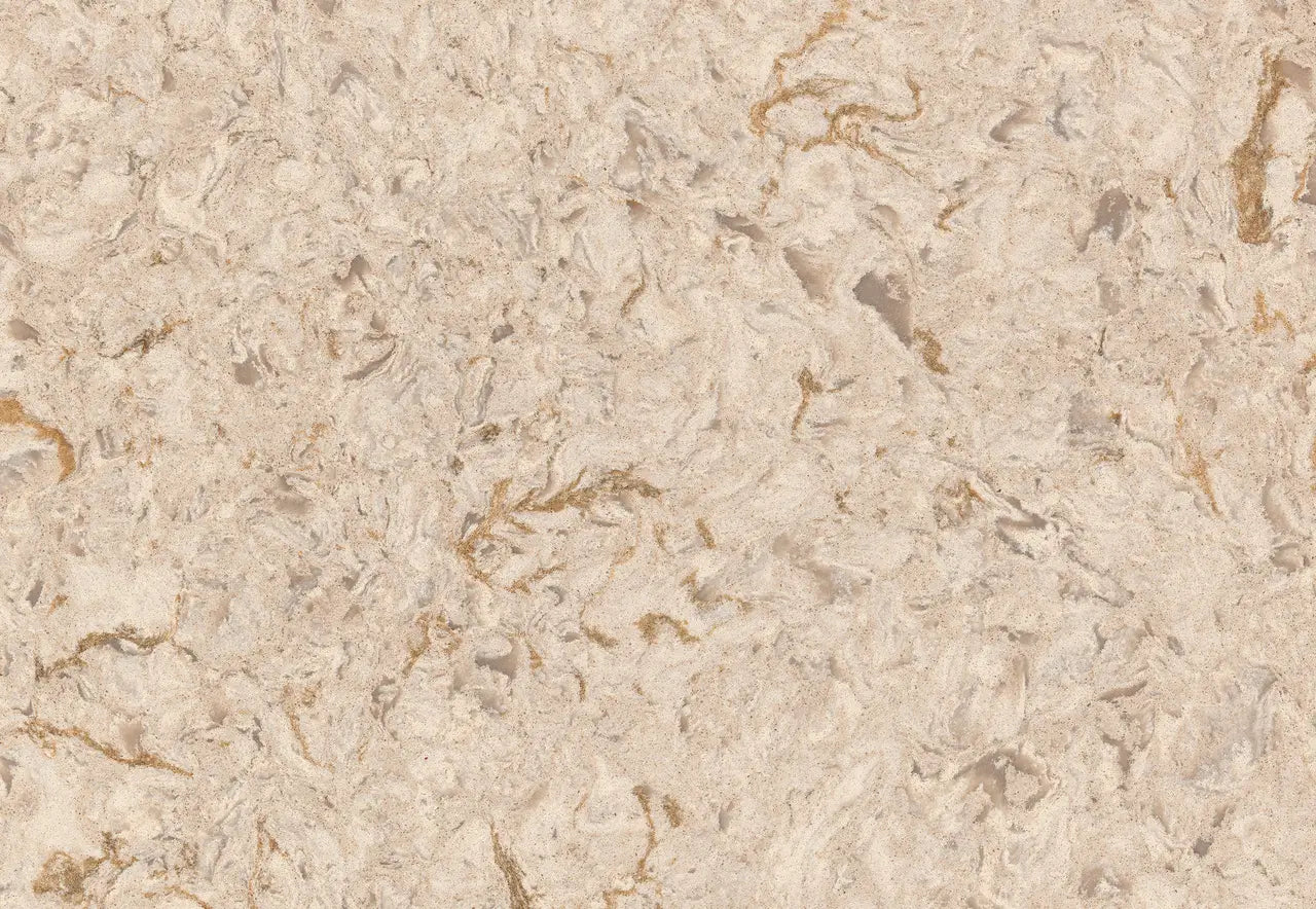 Hawkridge quartz surface with warm beige tones and subtle veining patterns — custom countertops fabricated and installed by Signature Stone LV