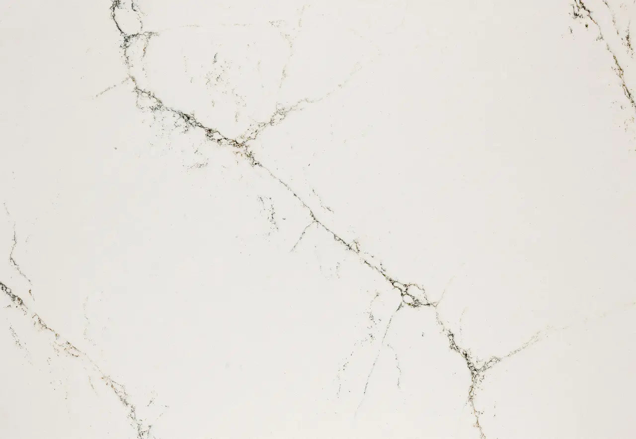 Hawksmoore quartz slab with white background and gray veining in polished finish — custom countertops fabricated and installed by Signature Stone LV