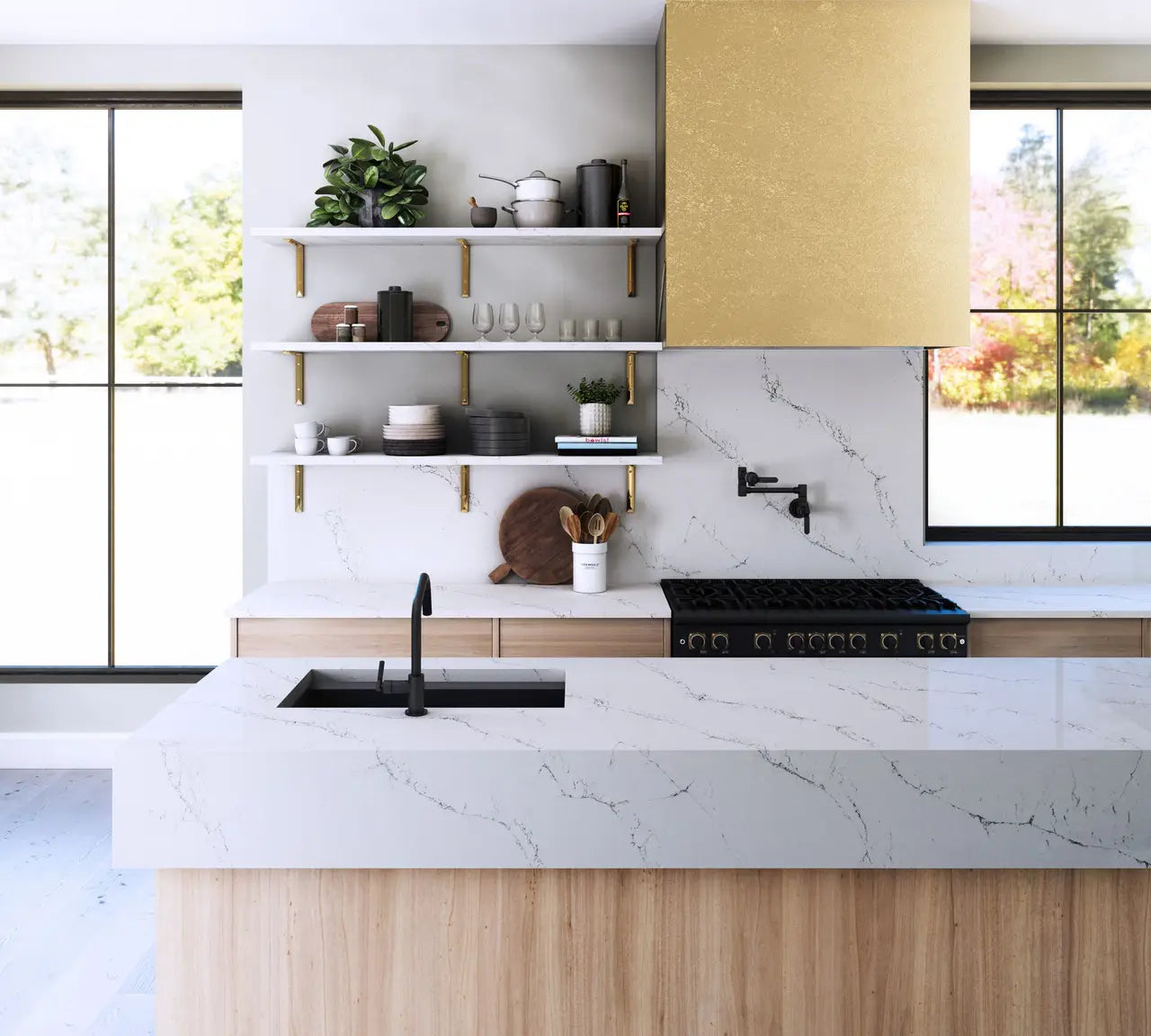 Quartz kitchen island with white marble veining and waterfall edge — premium stone countertops installed by Signature Stone Las Vegas