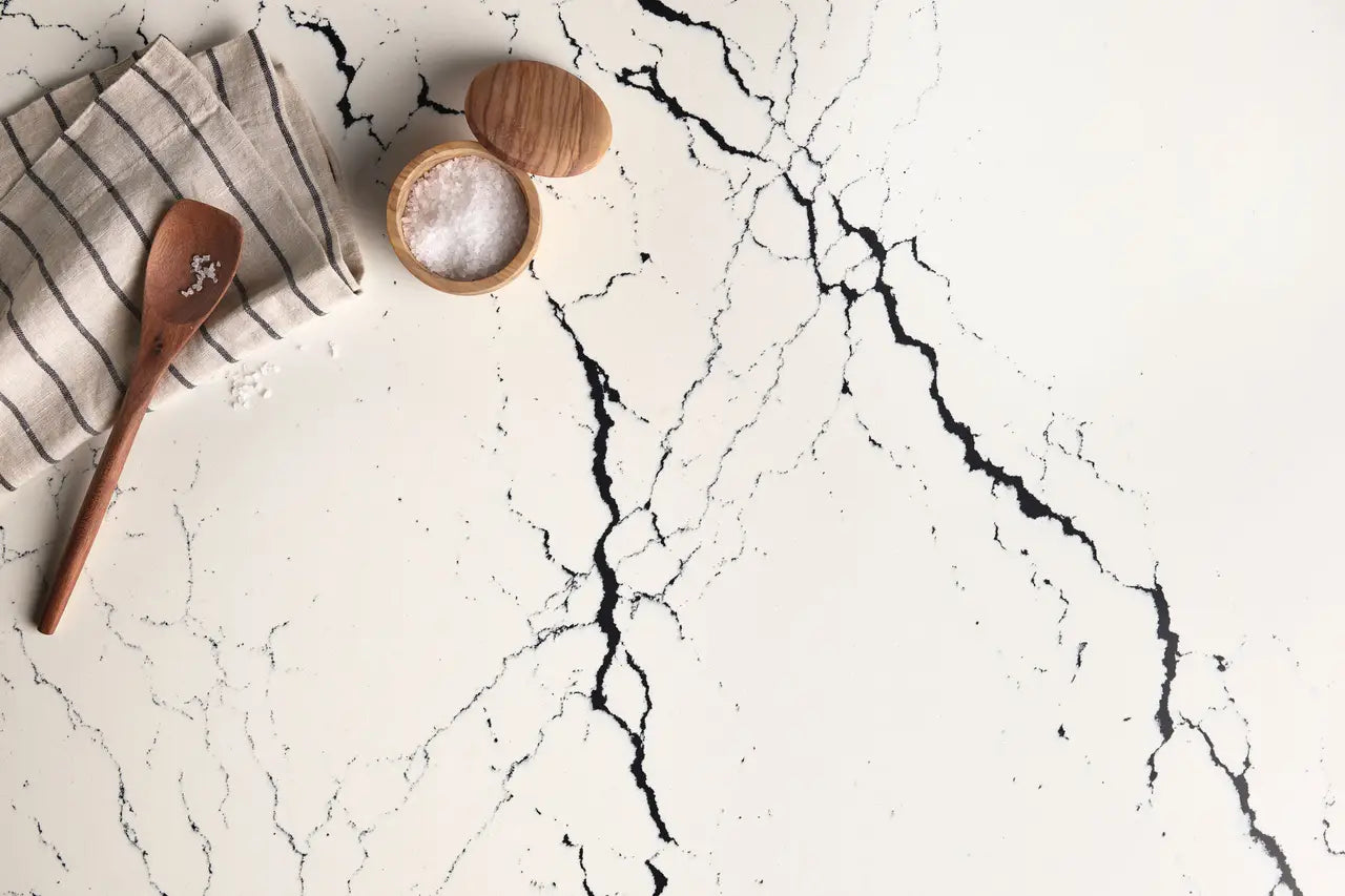 Calacatta marble surface with dramatic black veining and white background — custom countertops fabricated and installed by Signature Stone LV