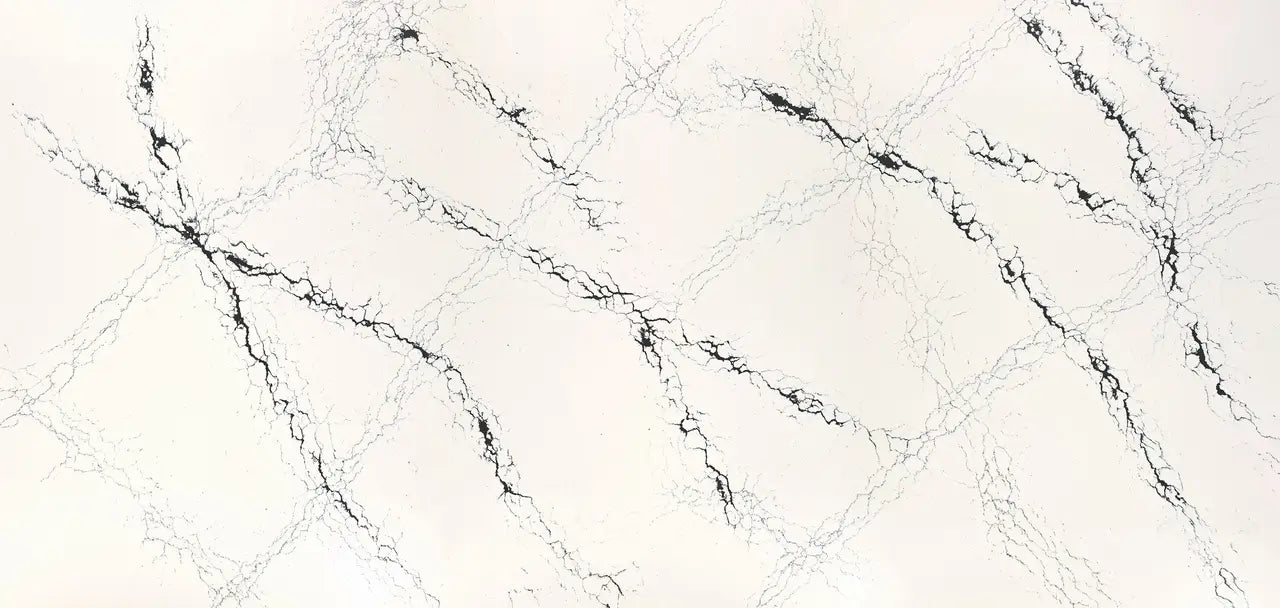 Hemsworth quartz slab with white background and dramatic black veining — custom countertops fabricated and installed by Signature Stone LV
