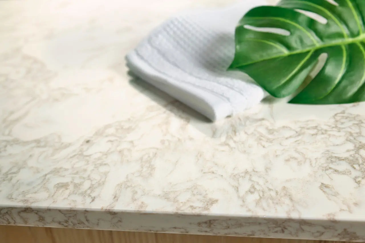 Hermitage quartz kitchen countertop with white marble veining and polished finish — premium stone countertops installed by Signature Stone Las Vegas