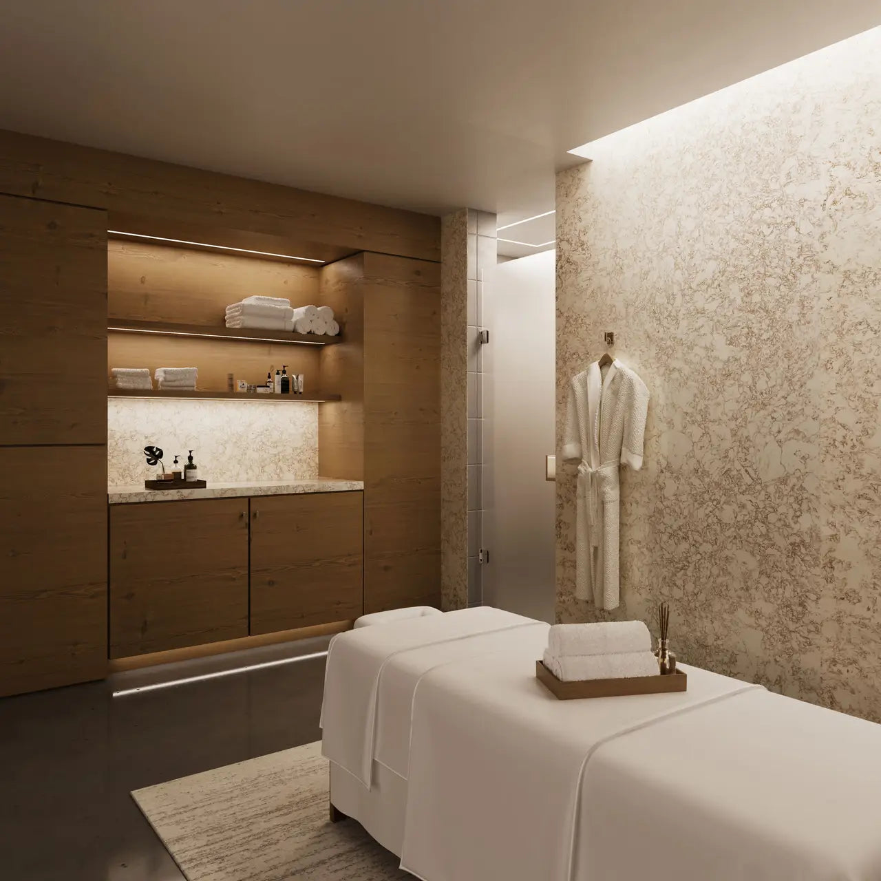 Hermitage stone vanity countertop with polished beige finish and straight edges in spa bathroom — premium stone countertops installed by Signature Stone Las ...