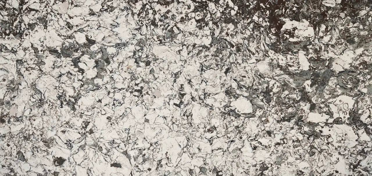 Quartz slab surface with cream and charcoal veining in polished finish — elegant stone countertops installed by Signature Stone Las Vegas