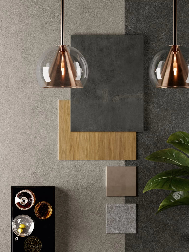 Boost Mineral Grey stone surface samples with textured finishes and neutral tones — premium countertop fabrication by Signature Stone Las Vegas