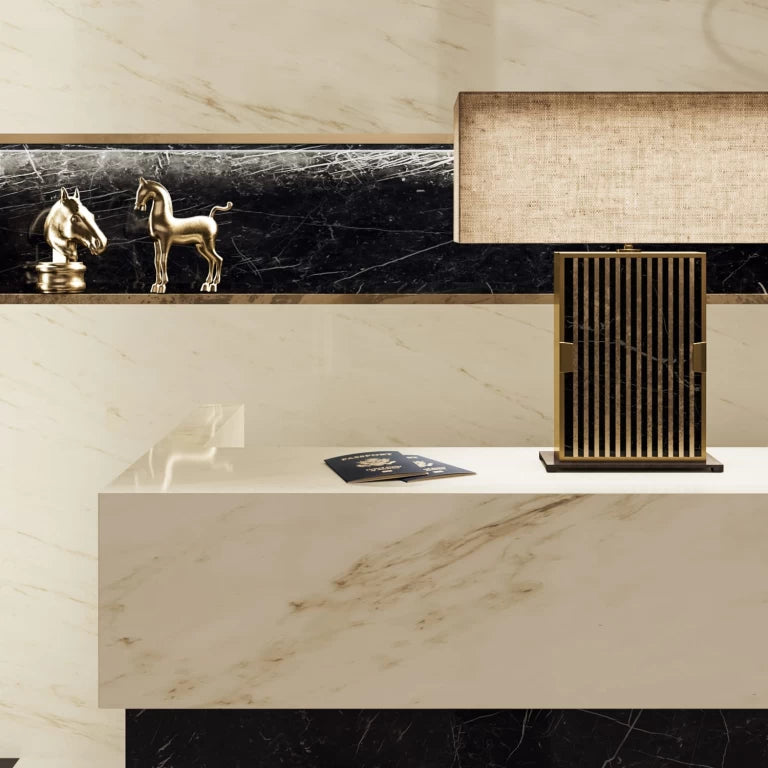 Cremo Delicato marble floating vanity with warm veining and polished finish — elegant stone countertops installed by Signature Stone Las Vegas