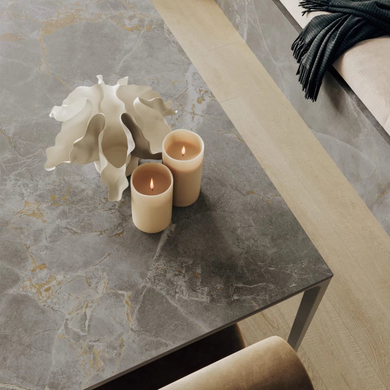 Fior di Bosco marble coffee table with gray and gold veining and polished finish — custom countertops fabricated and installed by Signature Stone LV