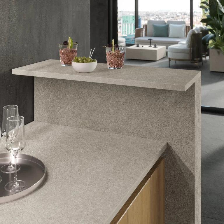 Boost Mineral Grey quartz kitchen island with smooth matte finish and straight edges — premium stone countertops installed by Signature Stone Las Vegas