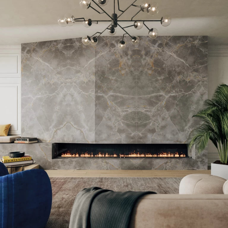Fior di Bosco marble fireplace wall with dramatic gray veining and polished finish — premium stone countertops installed by Signature Stone Las Vegas
