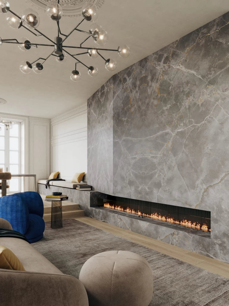 Fior di Bosco marble fireplace wall with gray veining and polished finish — expert countertop fabrication by Signature Stone Las Vegas