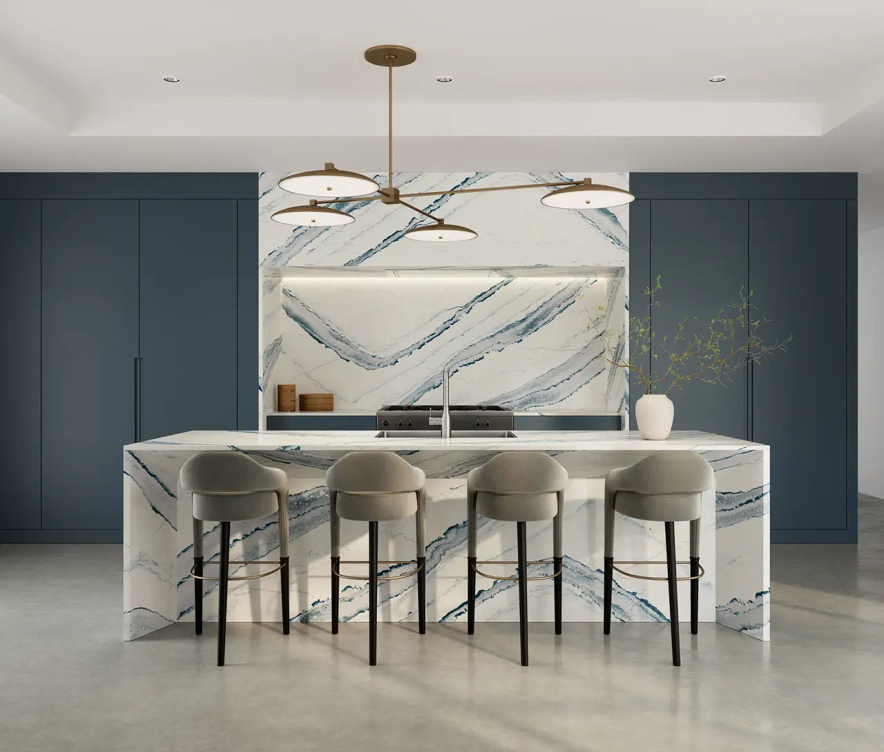 Inverness Bristol Bay quartz kitchen island with dramatic blue-gray veining and waterfall edges — expert countertop fabrication by Signature Stone Las Vegas