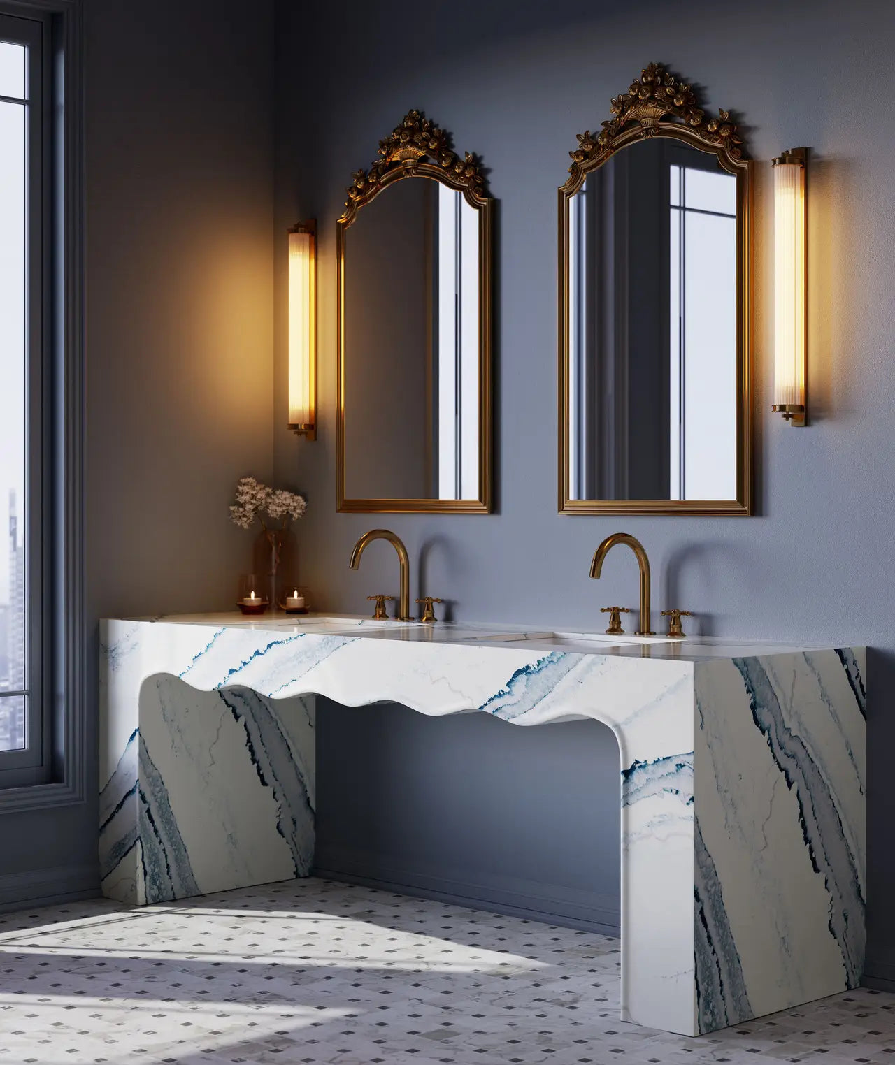 Inverness Bristol Bay marble bathroom vanity with dramatic blue veining and waterfall edges — luxury stone countertops installed by Signature Stone Las Vegas