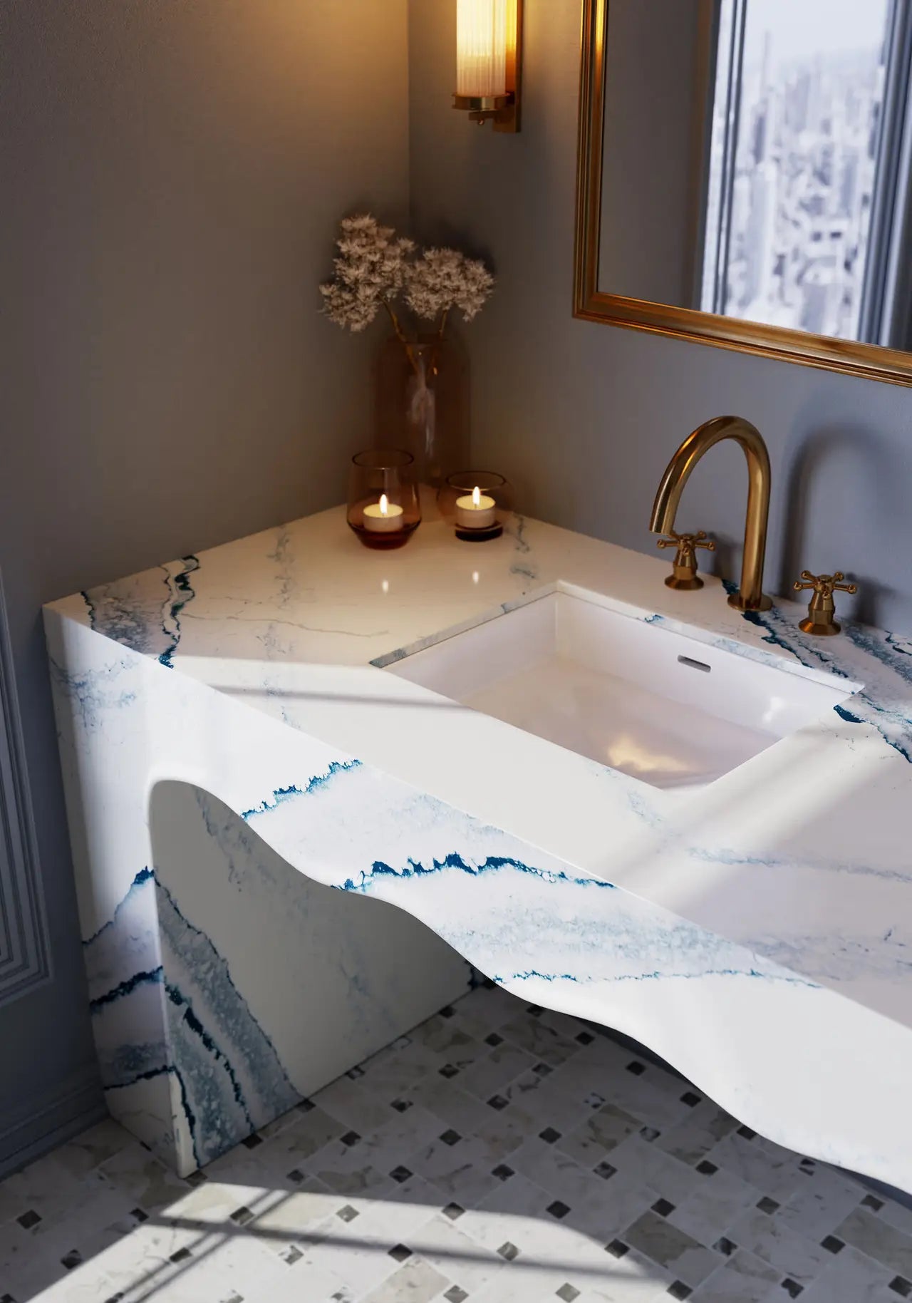 Inverness Bristol Bay marble bathroom vanity with dramatic blue veining and curved design — premium stone countertops installed by Signature Stone Las Vegas