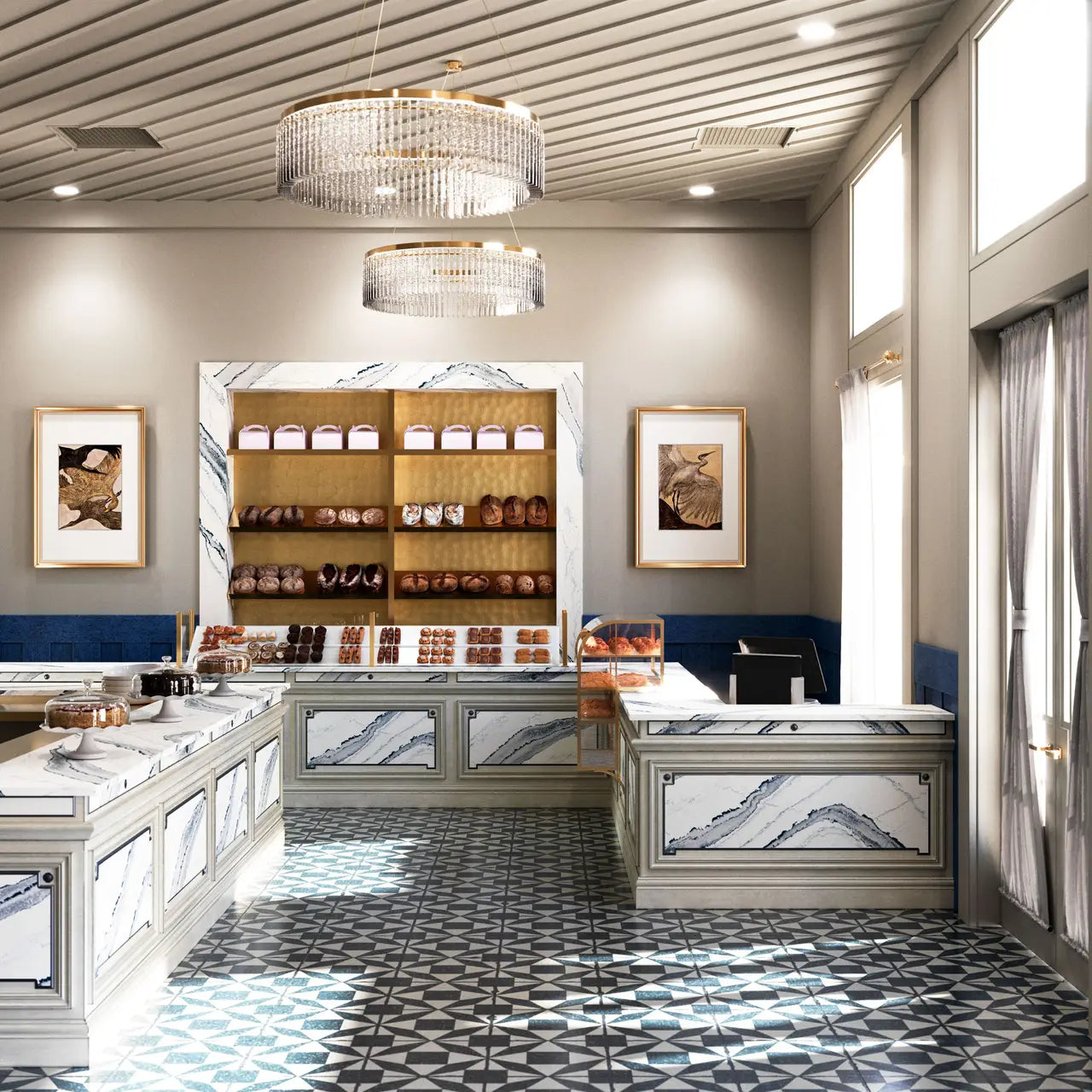 Inverness Bristol Bay quartz bakery display counters with white marble veining and sleek edges — premium countertop fabrication by Signature Stone Las Vegas