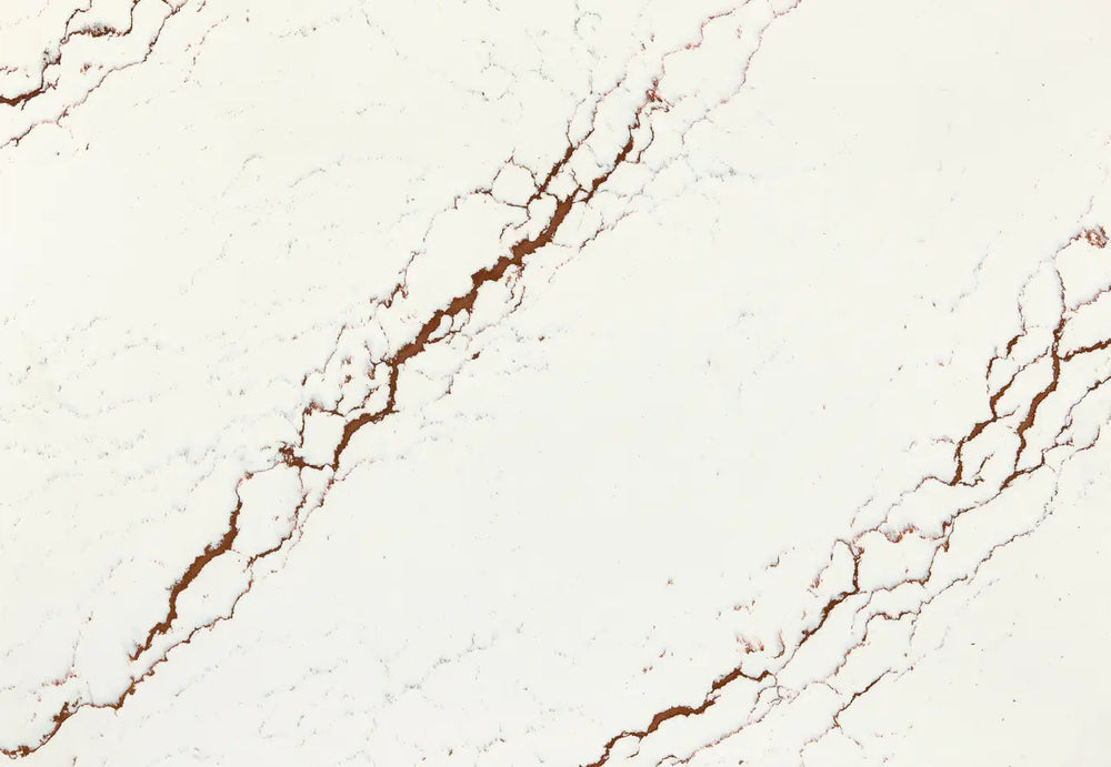 Inverness Bronze quartz surface featuring elegant white base with rich bronze veining and polished finish — premium countertop fabrication by Signature Stone...