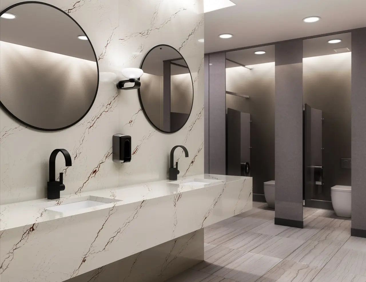 Inverness Bronze quartz commercial bathroom vanity with white veining and waterfall edges — expert countertop fabrication by Signature Stone Las Vegas