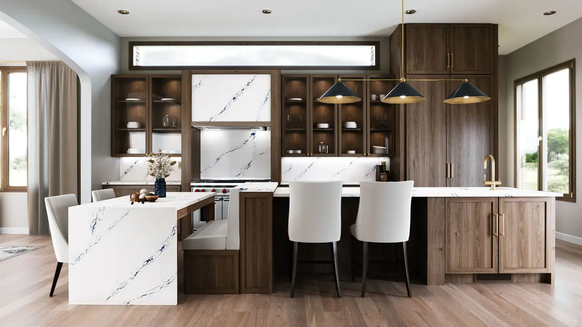 Inverness Cobalt quartz kitchen island with white veining and waterfall edge — premium stone countertops installed by Signature Stone Las Vegas