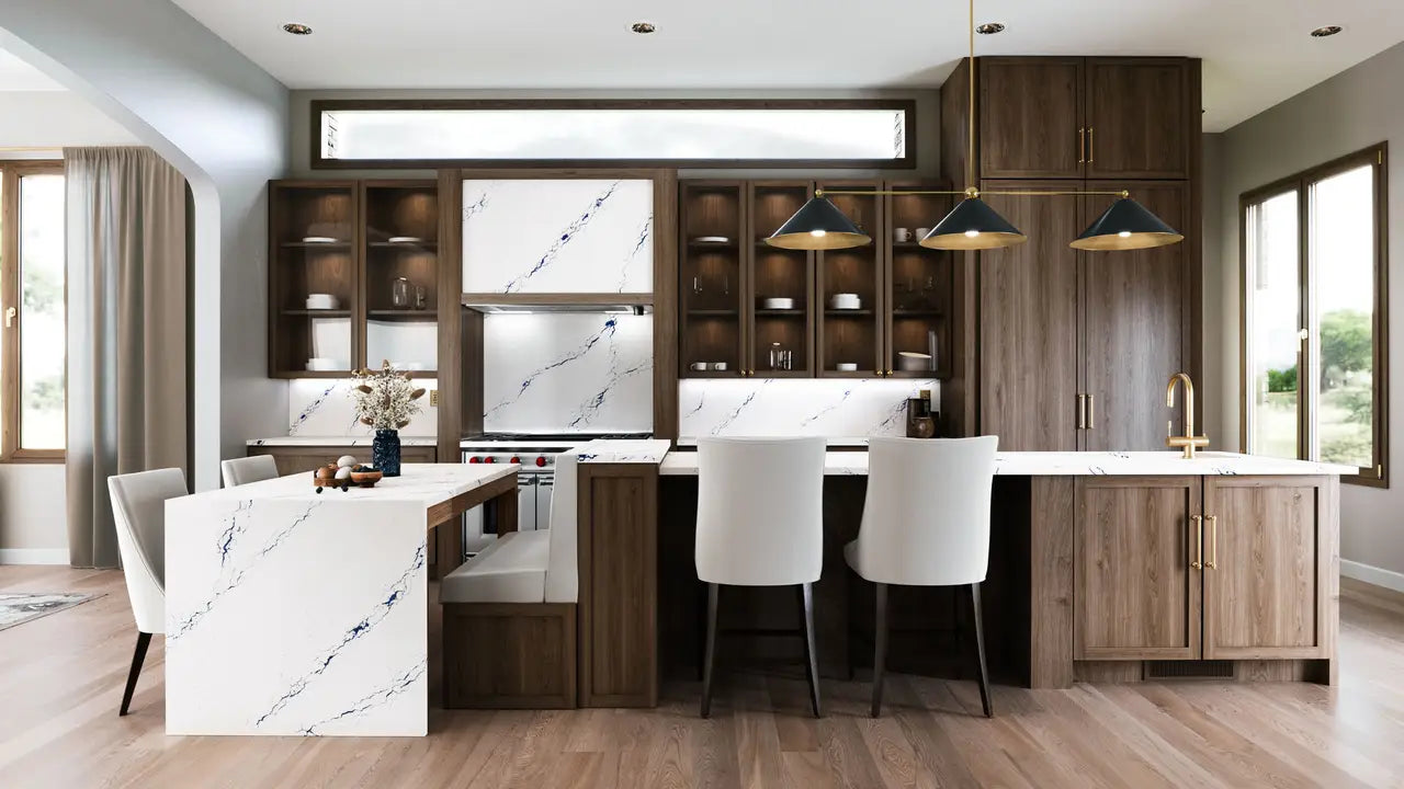 Inverness Cobalt quartz kitchen island with white veining and waterfall edge — premium stone countertops installed by Signature Stone Las Vegas
