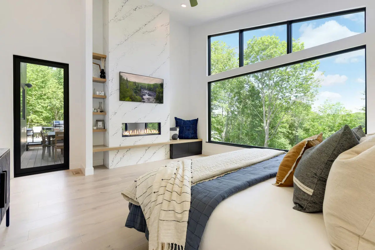 Inverness Cobalt quartz bedroom fireplace surround with white veining and polished finish — expert countertop fabrication by Signature Stone Las Vegas