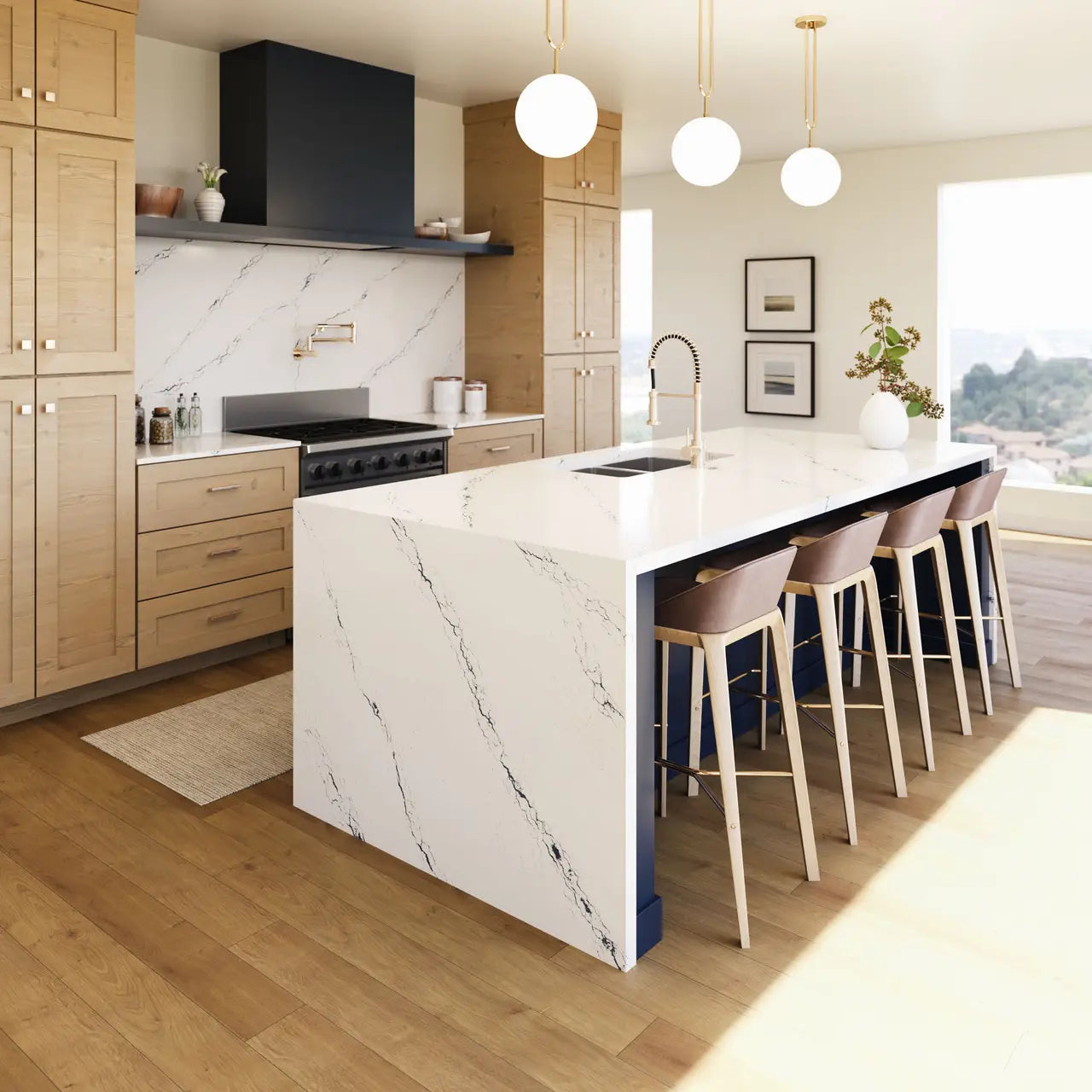 Inverness Cobalt quartz kitchen island with white marble veining and waterfall edge — premium stone countertops installed by Signature Stone Las Vegas