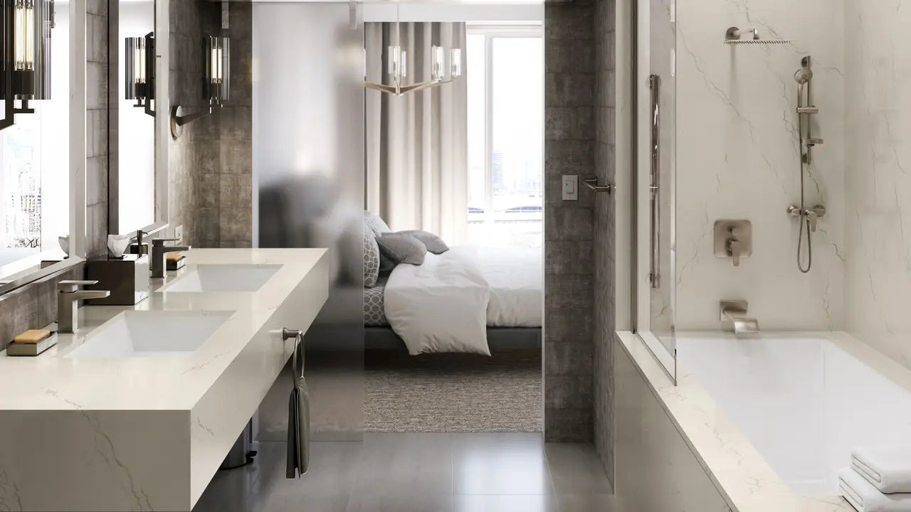 Inverness Frost quartz bathroom vanity with white marble-look veining and polished finish — luxury stone countertops installed by Signature Stone Las Vegas