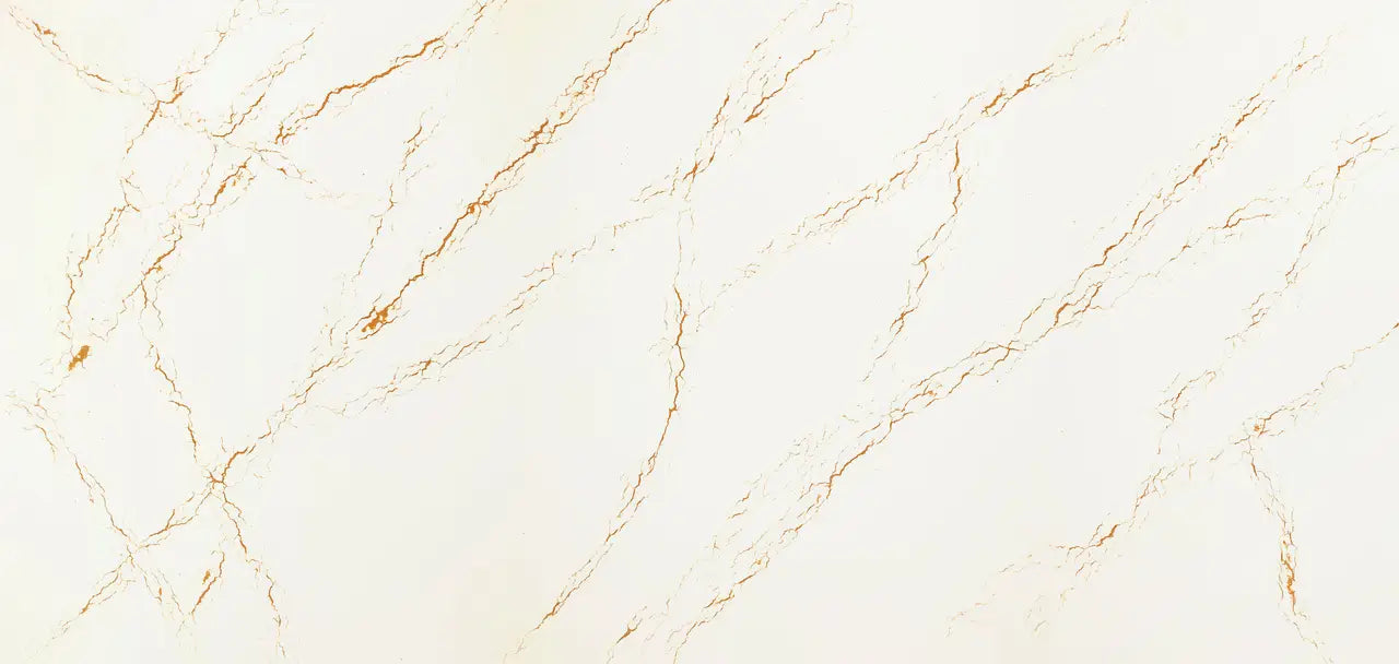 Inverness Gold quartz slab with cream base and golden veining — elegant stone countertops installed by Signature Stone Las Vegas