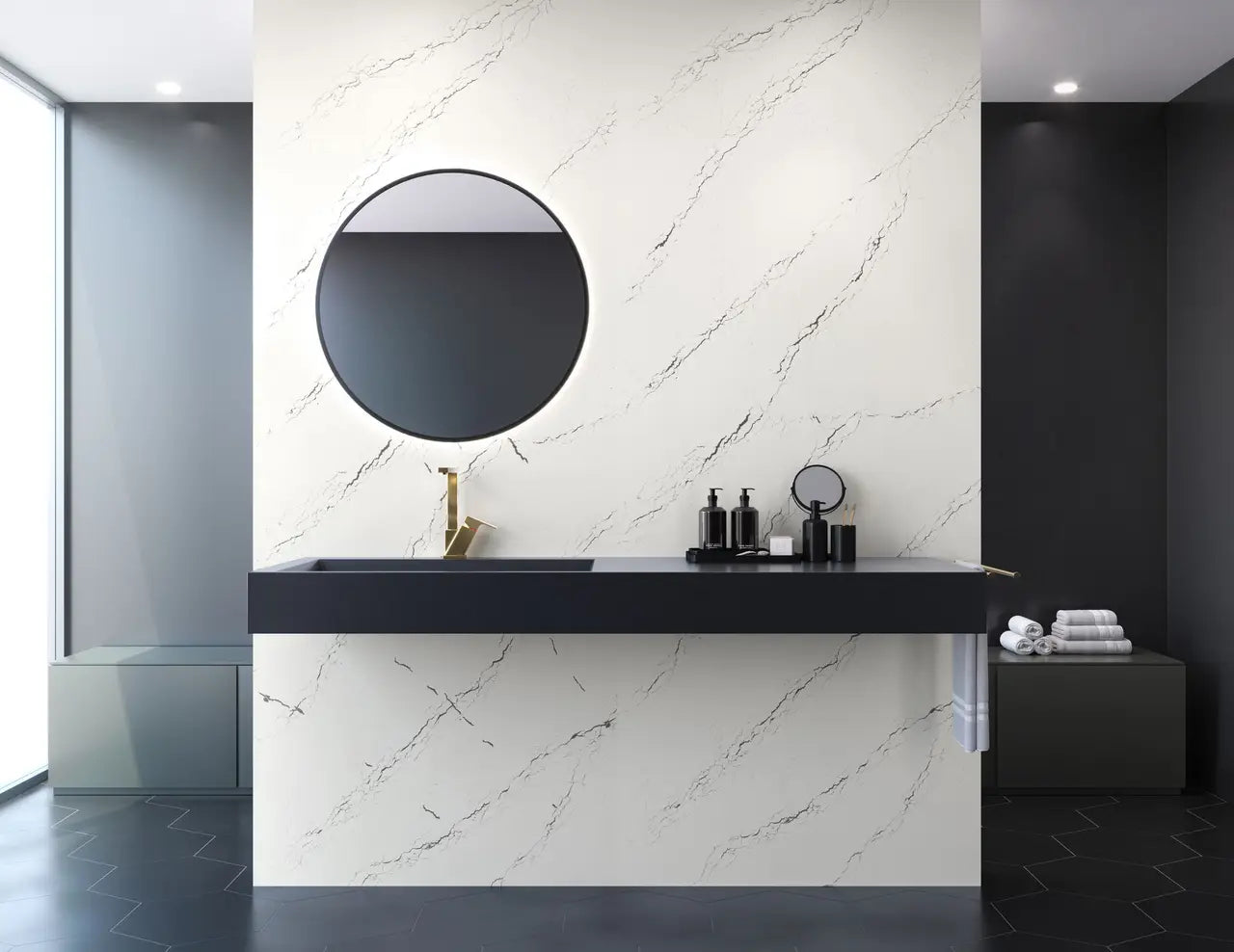 Inverness Platinum quartz bathroom vanity with white marble veining and black basin — premium countertop fabrication by Signature Stone Las Vegas