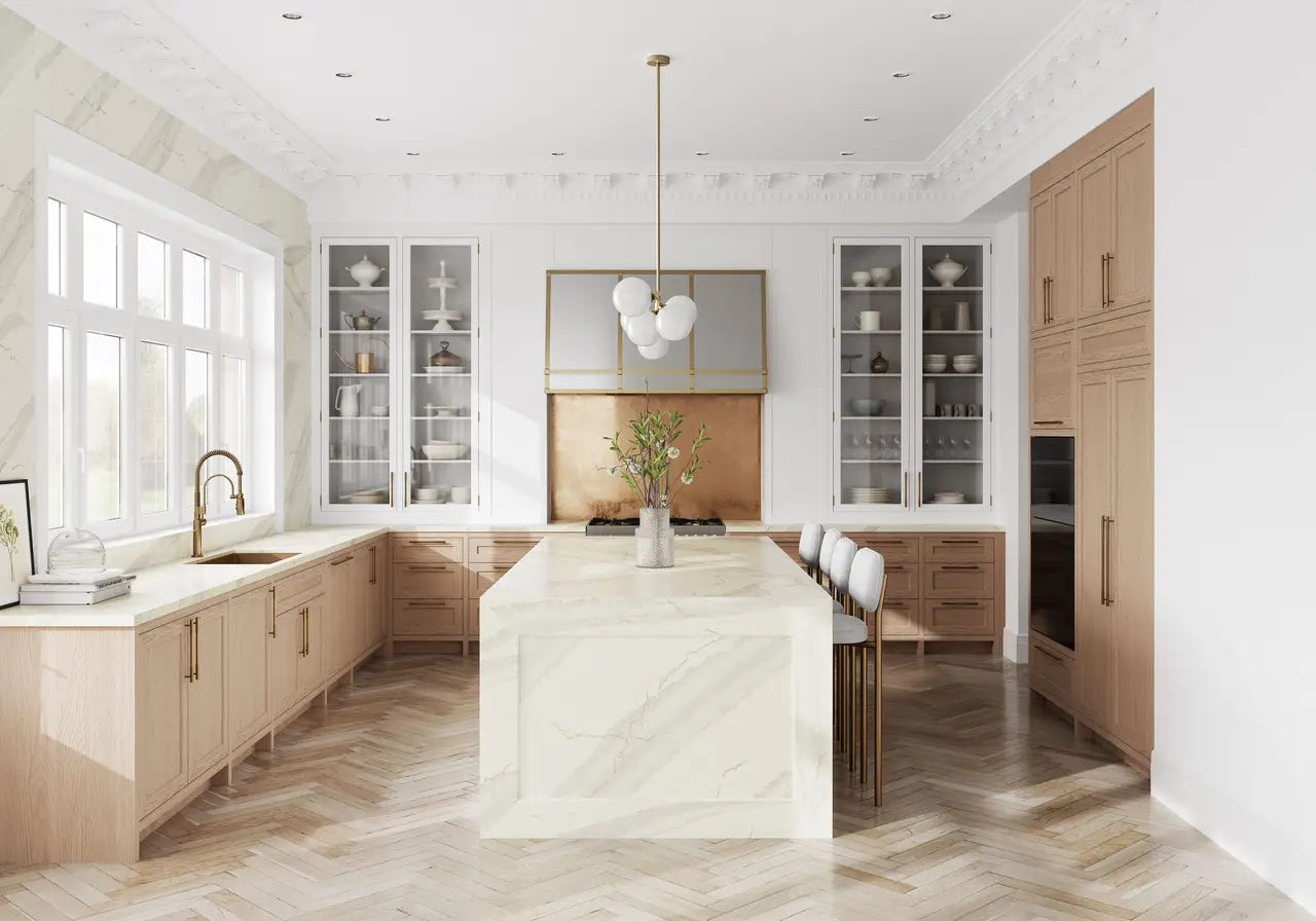 Inverness Swansea quartz kitchen island and perimeter countertops with white marble veining and polished finish — custom countertops fabricated and installed...
