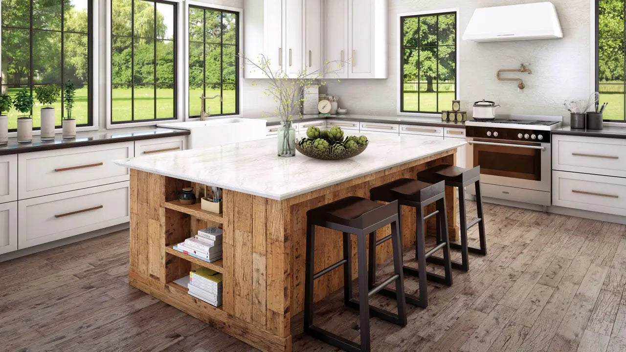 Ironsbridge quartz kitchen island countertop with white marble pattern and clean edges — custom countertops fabricated and installed by Signature Stone LV