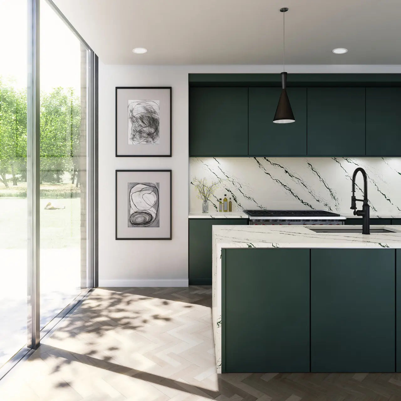 Quartz kitchen island and backsplash with white veining and dark green cabinets — professional countertop fabrication by Signature Stone Las Vegas