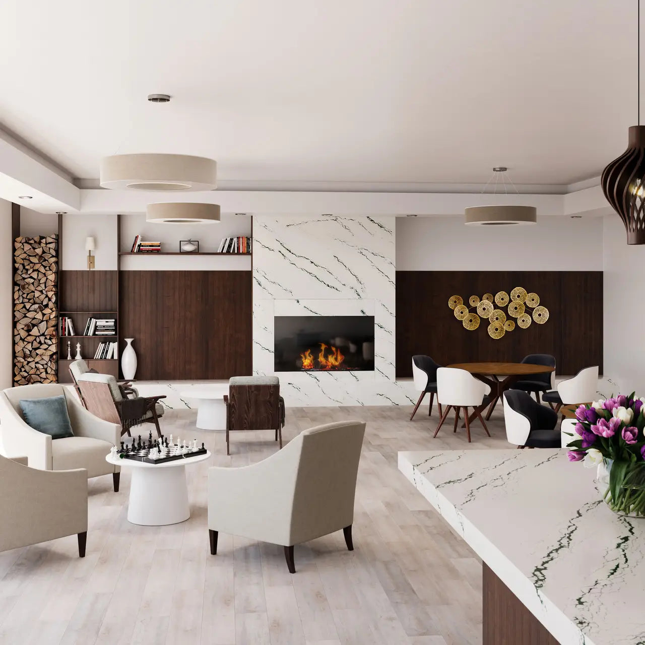 Calacatta marble kitchen island and fireplace surround with white base and gray veining — custom countertops fabricated and installed by Signature Stone LV