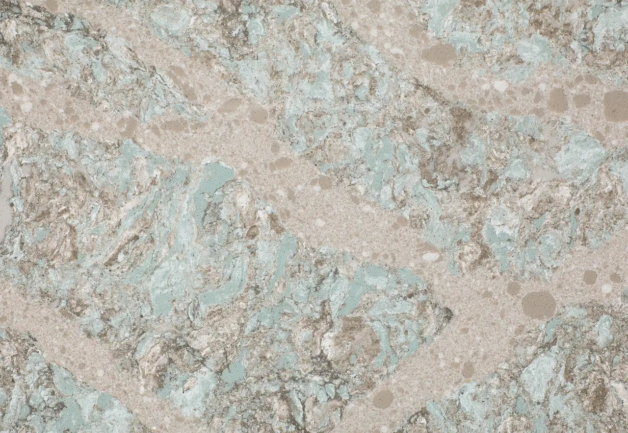 Kelvingrove stone slab with soft green and beige marbled patterns and smooth polished finish — perfect for custom countertops fabricated and installed by Sig...