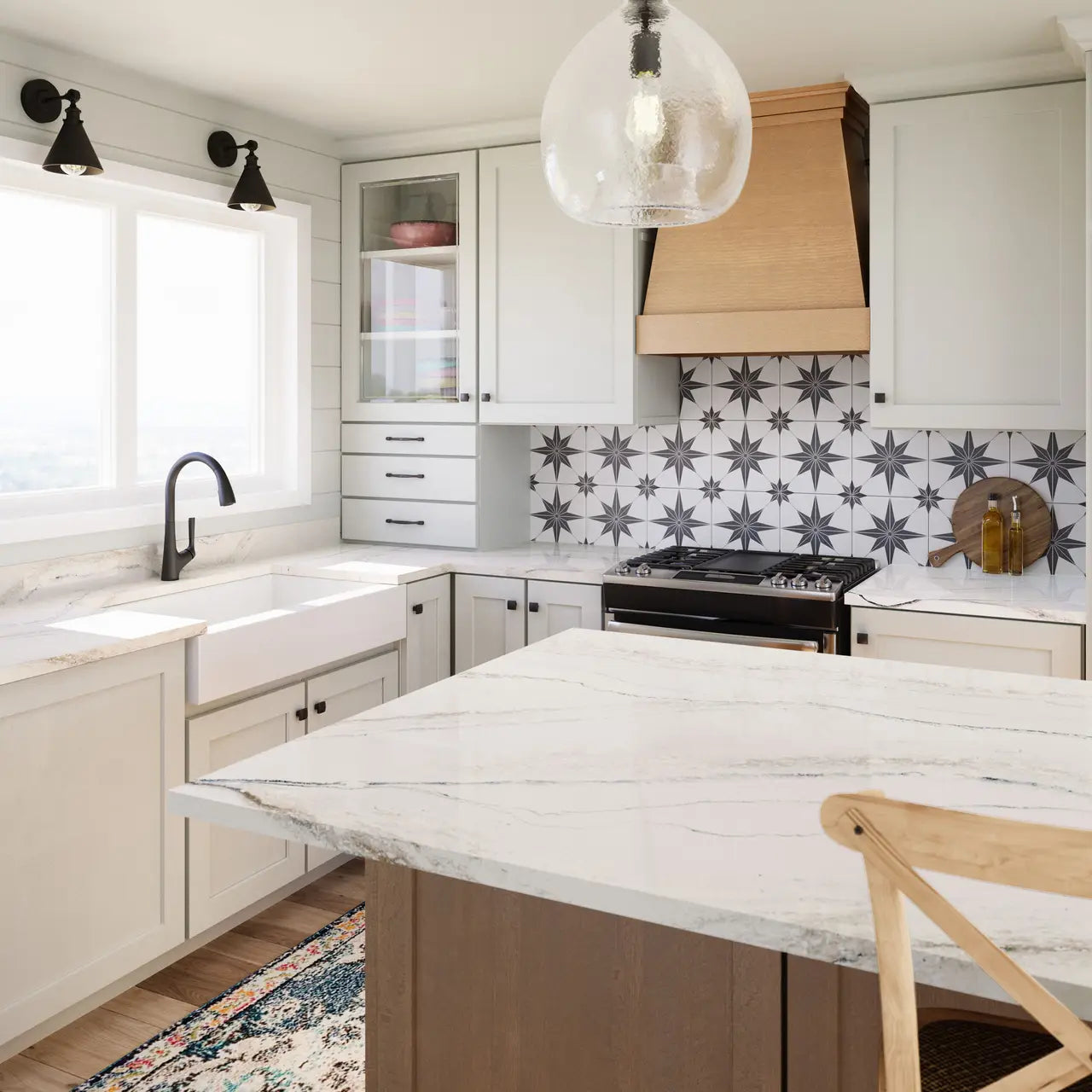 White marble kitchen island and perimeter countertops with natural veining and polished finish — expert countertop fabrication by Signature Stone Las Vegas