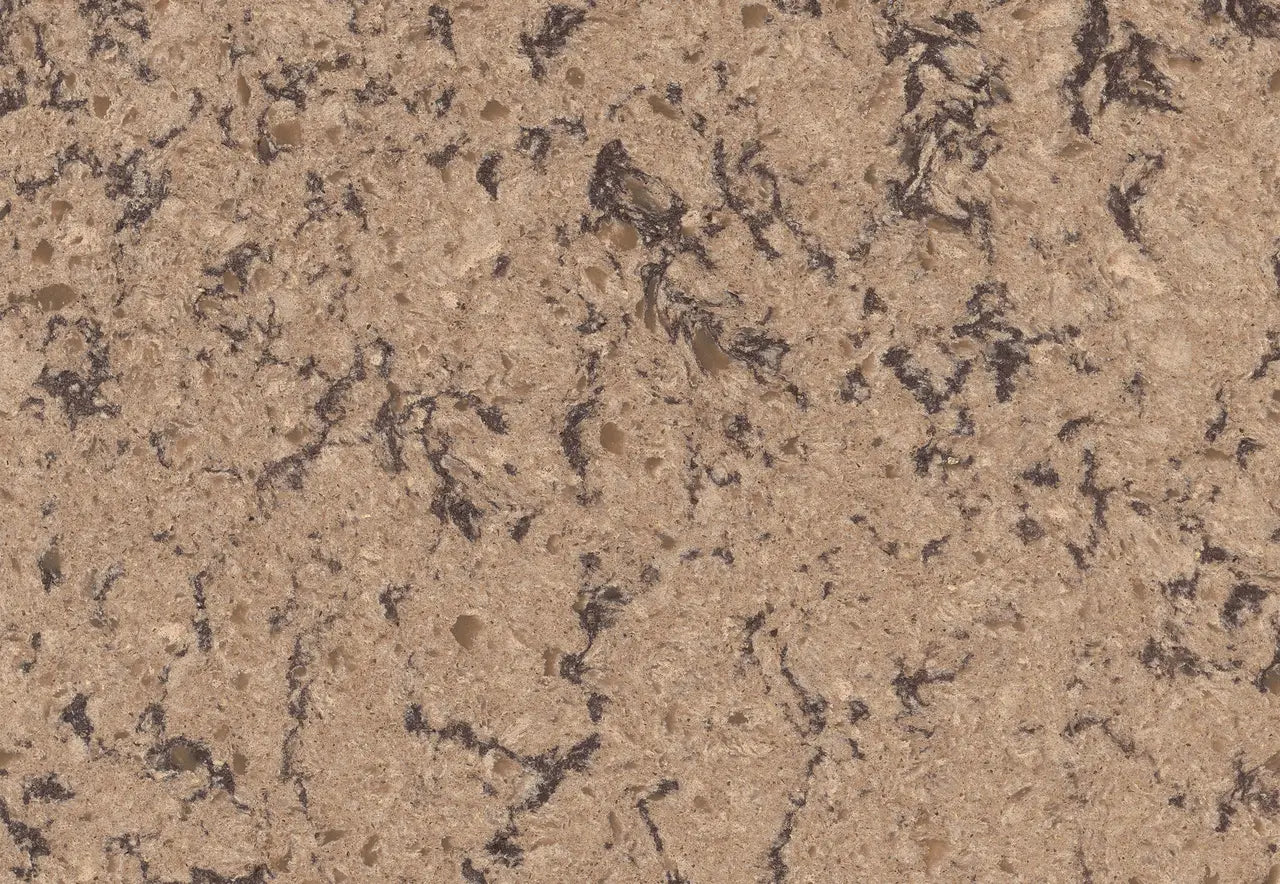 Lincolnshire quartz surface with warm beige background and intricate gray veining patterns — custom countertops fabricated and installed by Signature Stone LV