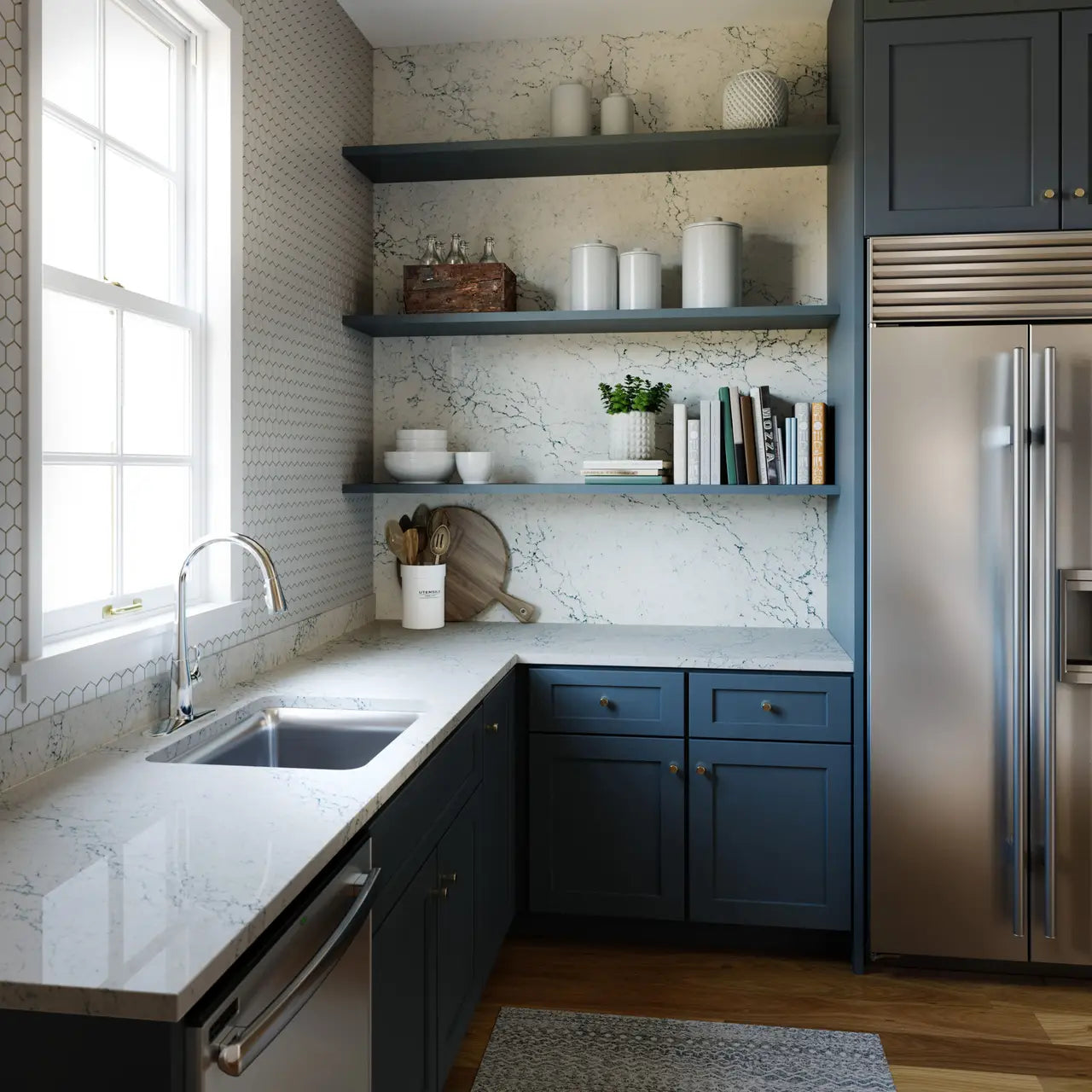 White marble kitchen countertops with gray veining and polished finish — premium stone countertops installed by Signature Stone Las Vegas