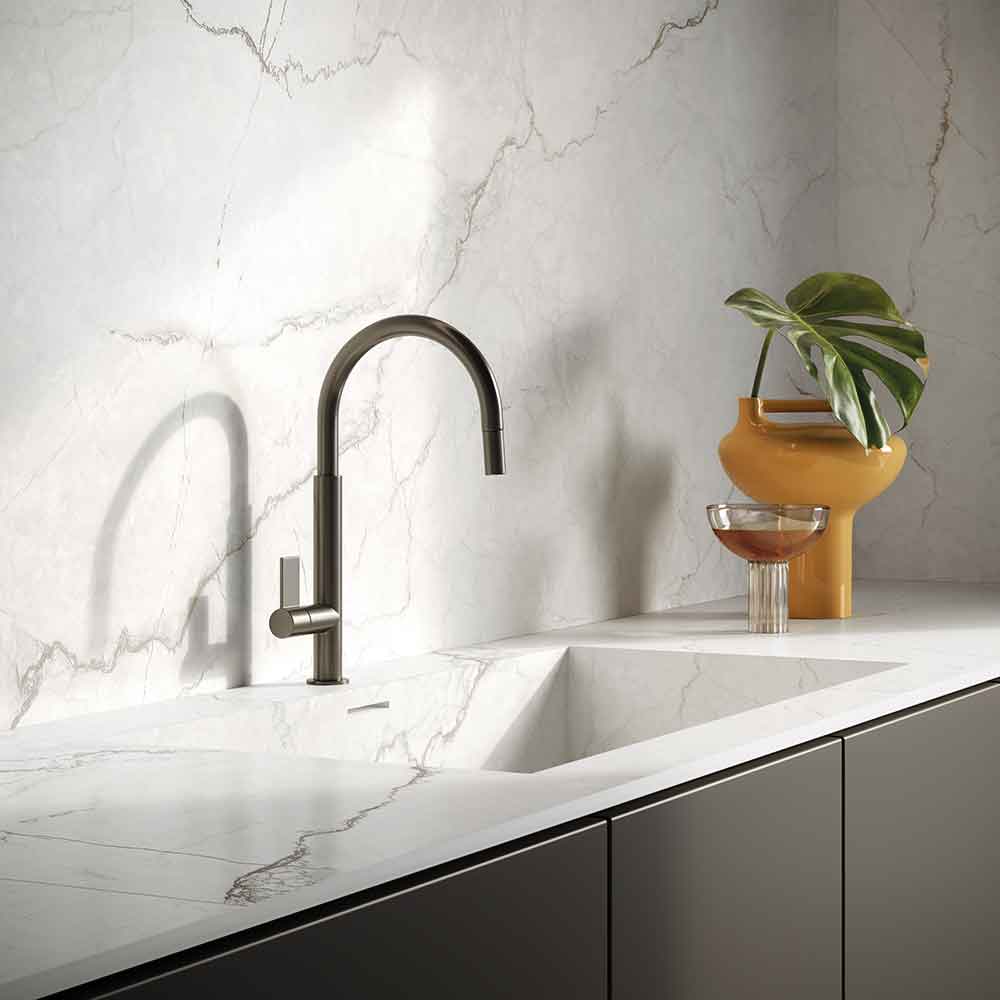 Calacatta marble kitchen countertop with white background and gold veining — premium stone countertops installed by Signature Stone Las Vegas