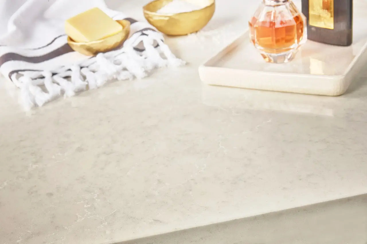 Quartz bathroom vanity with elegant white surface and polished finish — custom countertops fabricated and installed by Signature Stone LV