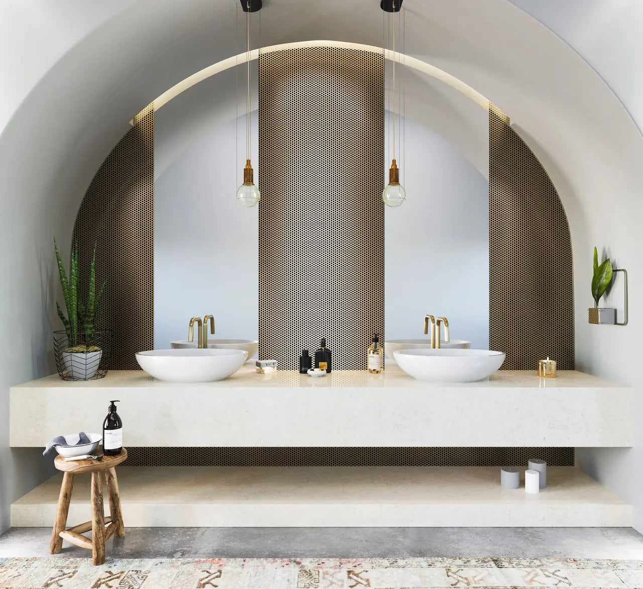 Natural stone bathroom vanity with white marble countertop and curved archway design — premium stone countertops installed by Signature Stone Las Vegas